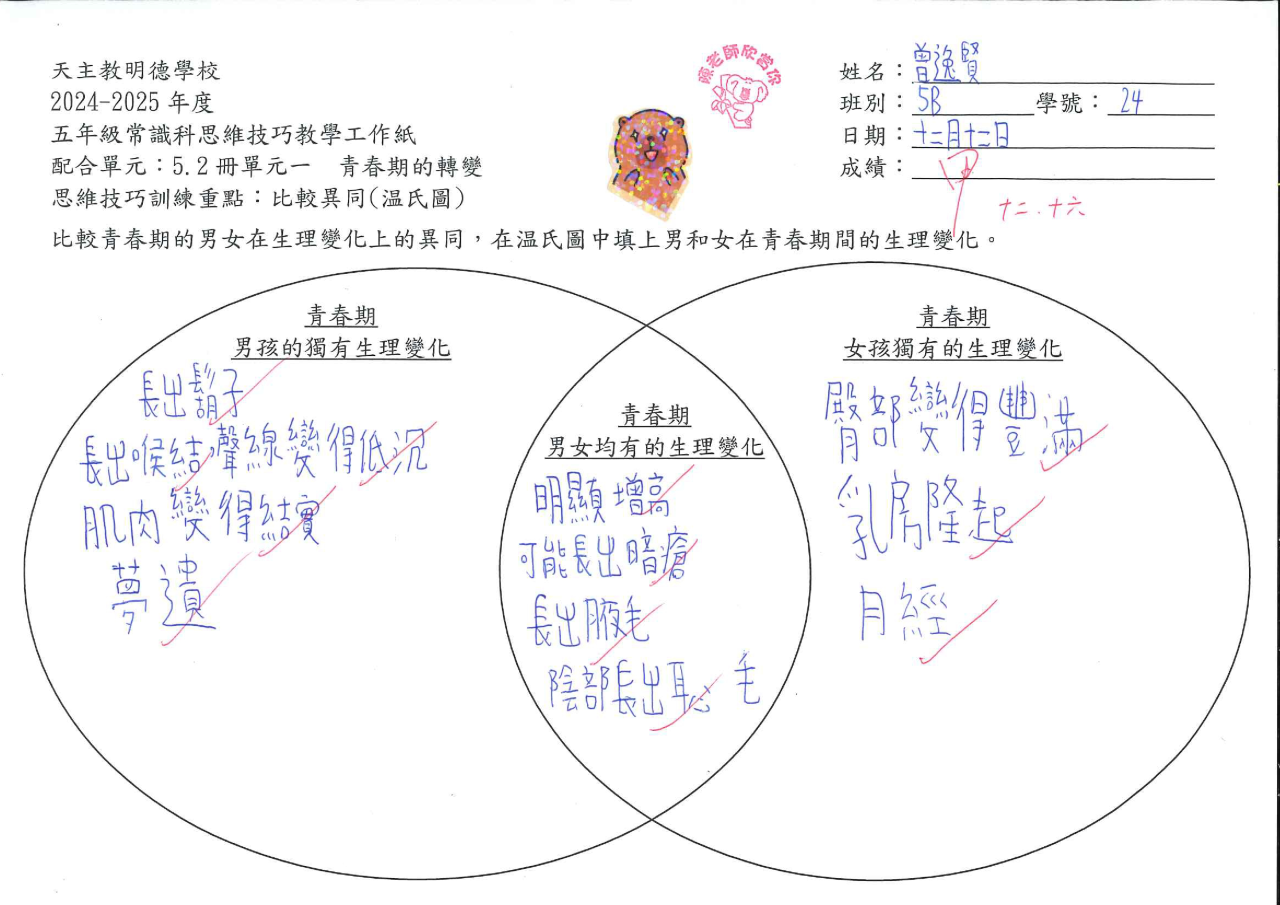 5B 曾逸賢 青春期的轉變思維導圖