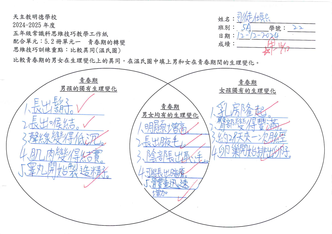 5A 司徒仕熙 青春期的轉變思維導圖