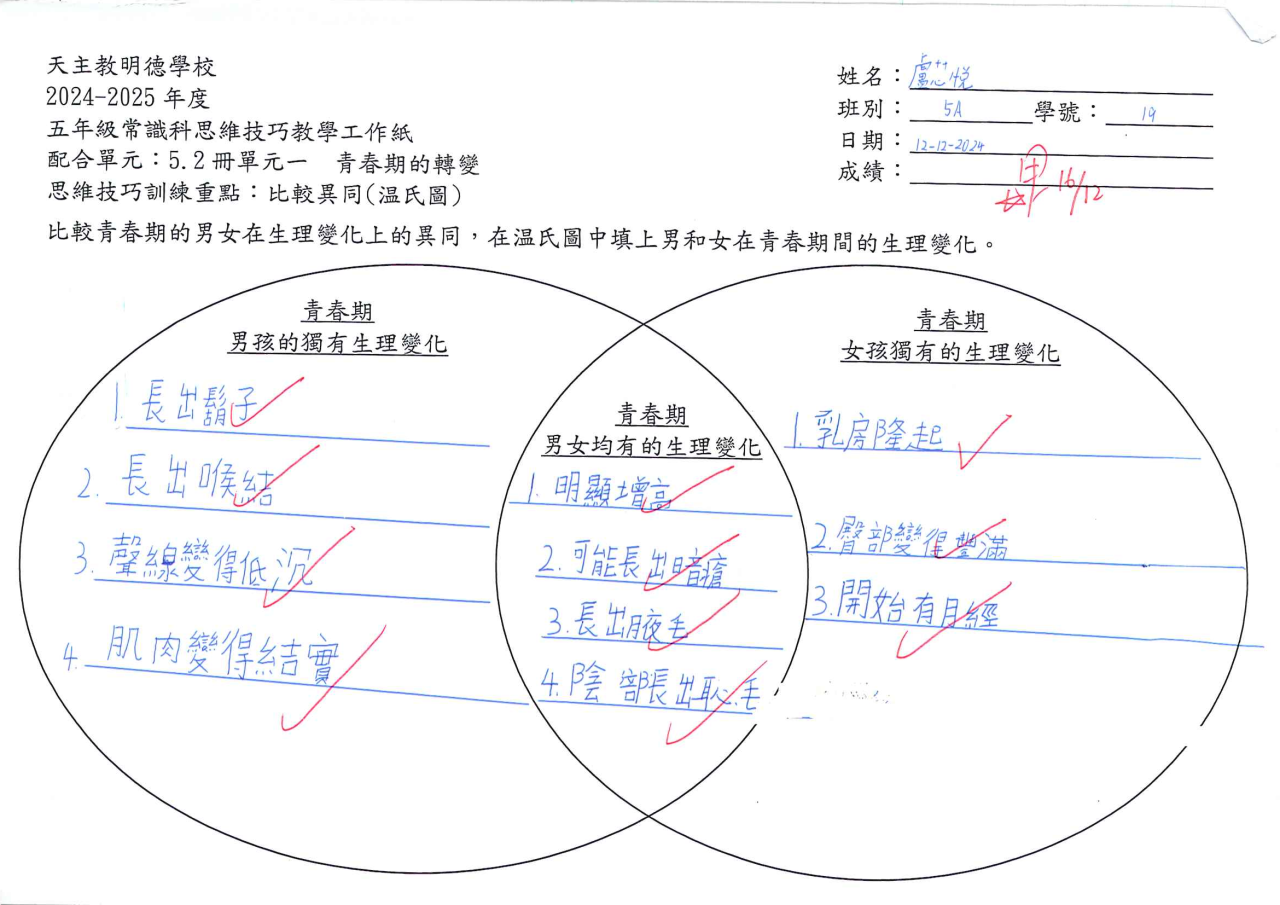 5A 盧芯悅 青春期的轉變思維導圖