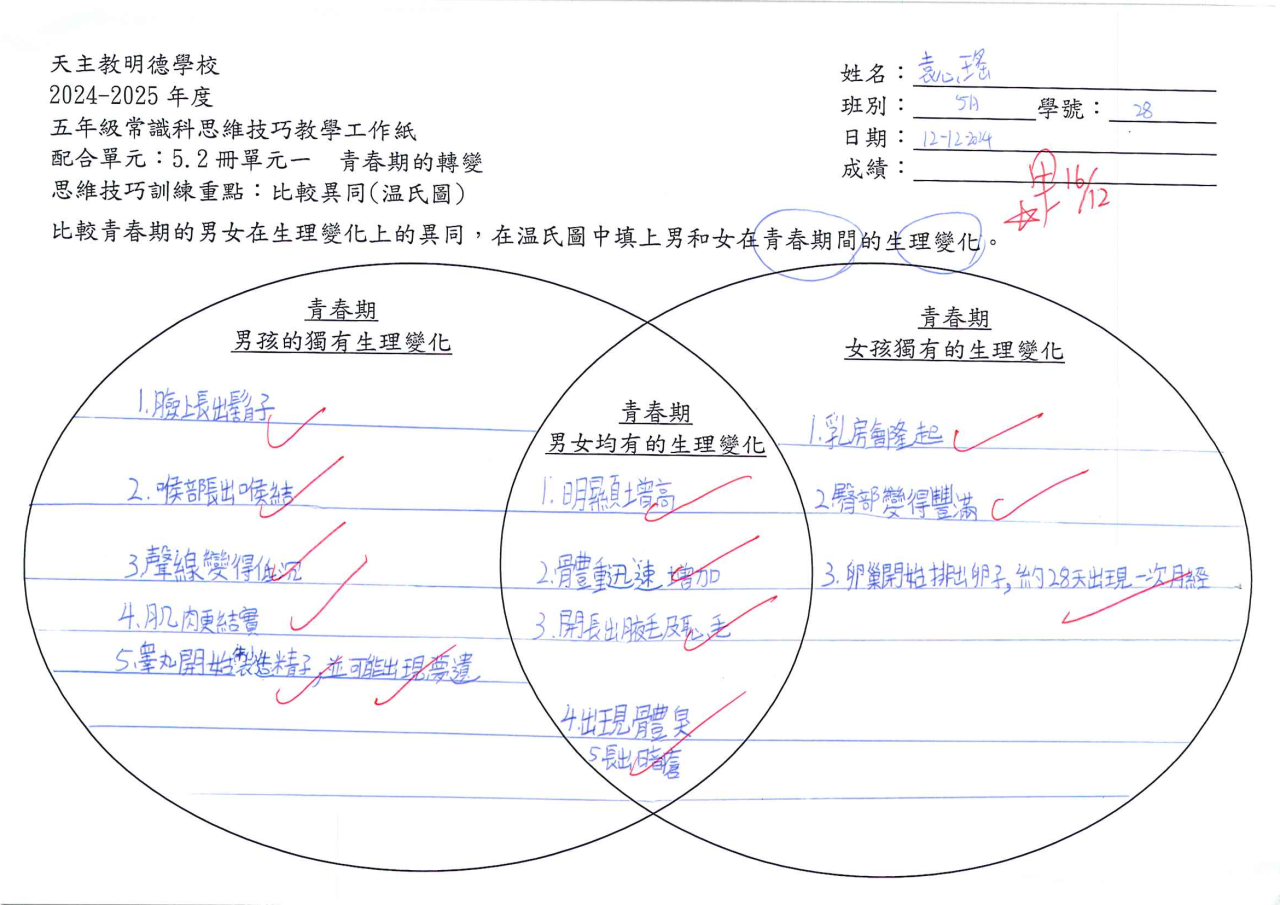 5A 袁心瑤 青春期的轉變思維導圖