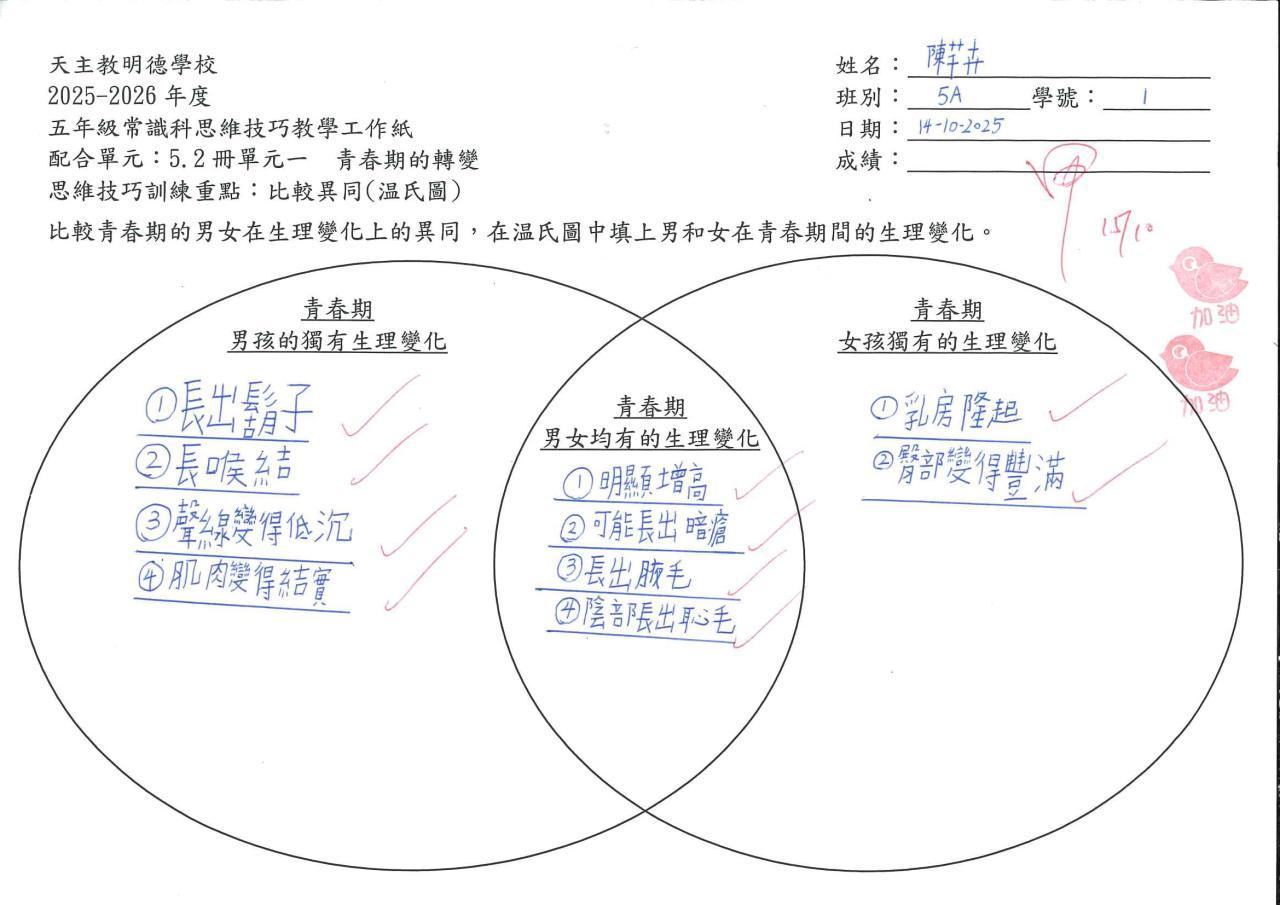 5A 陳芊卉 青春期的轉變作品
